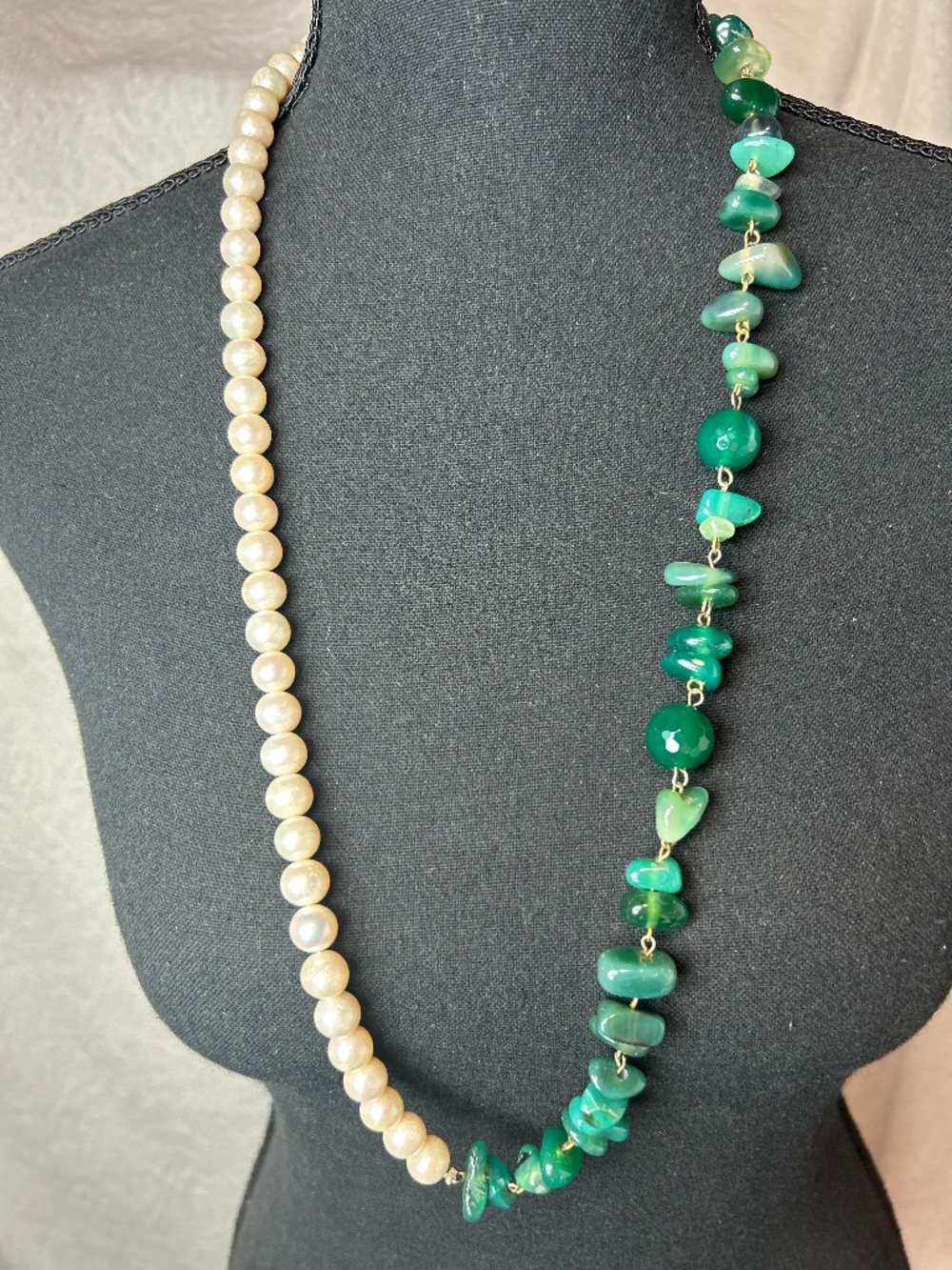 Real Freshwater Pearls w/ Green Agate Nuggets Handmade Necklace Boho 32"